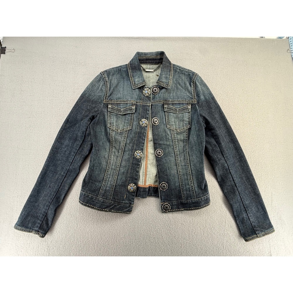 Elie Tahari Womens Blue Jeweled Button Denim Jacket Dark Wash Size 4 E853A105
